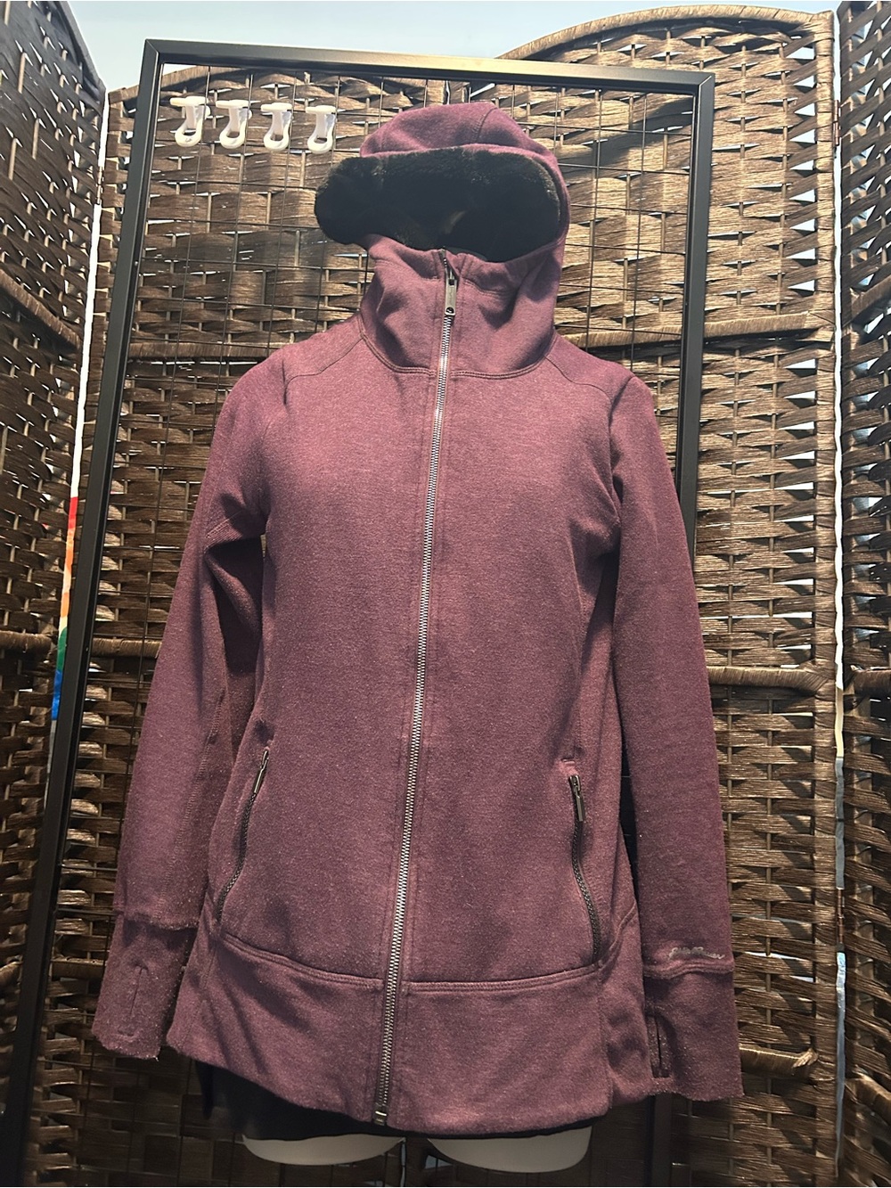 Eddie Bauer Heather Plum Hooded Zip-Up Jacket with Faux Fur lineing. size small